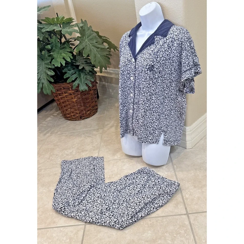 Lauren Ralph Lauren Blue & White Floral Pajama Set PJ Set Size‎ XL Loungewear